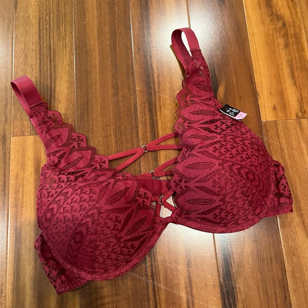 Etam Dark Red Bra Lace Push Up Padded Strappy Underwire Intimates New NWT Sz 36B